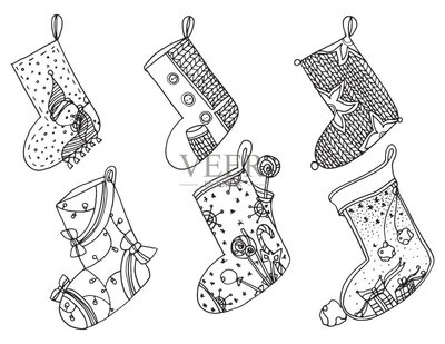 一套圣誕襪。矢量程式化的冬天襪子的集合。一整套裝飾圣誕絲襪。手工繪制的黑色和白色。涂鴉藝術(shù)矢量圖素材下載 - Veer圖庫(kù)