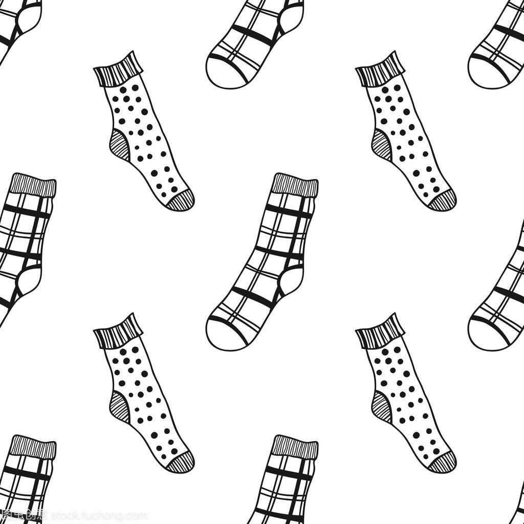 襪子。黑白無縫圖案, 用于著色書籍和頁(yè)面。針織服裝。矢量插圖